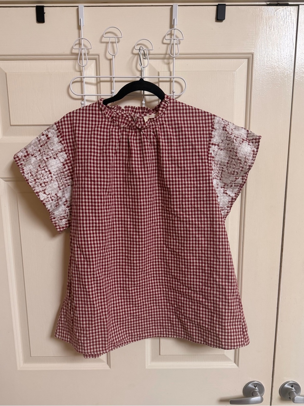 NWT Layerz Clothing 100% Cotton Embroidered Sleeve Gingham Blouse Cottage Boho